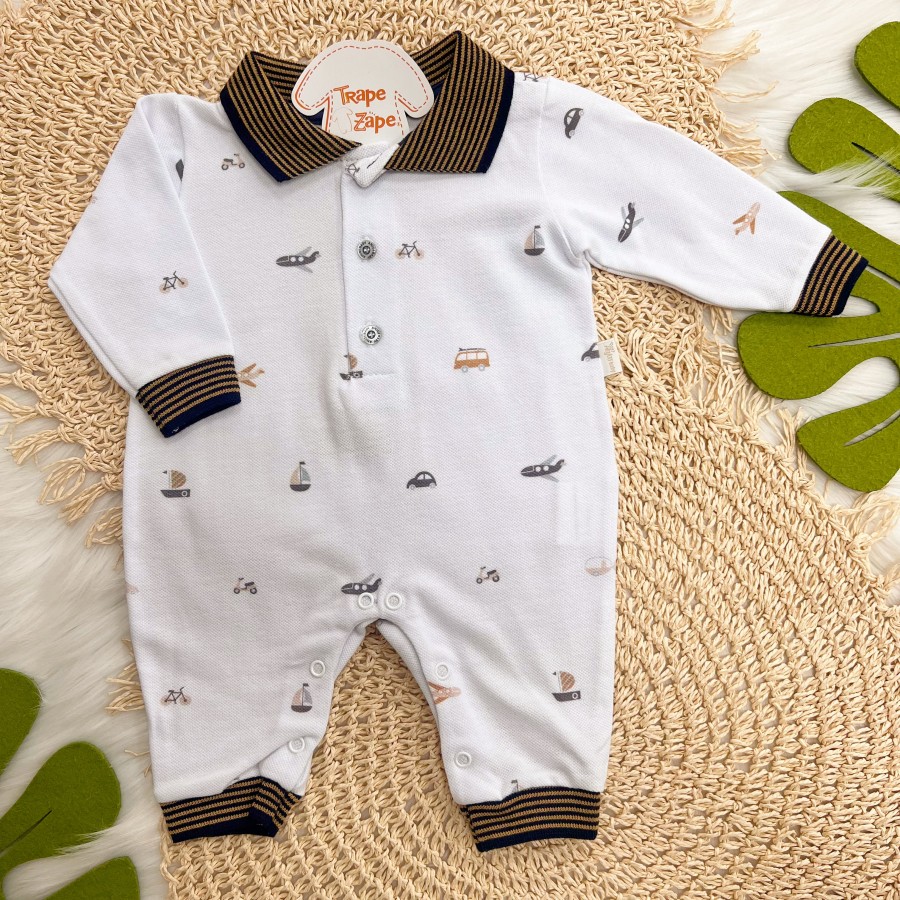 Macacão Curto com Manga Longa Piquet com Gola Polo Barquinhos - Off White e Marinho